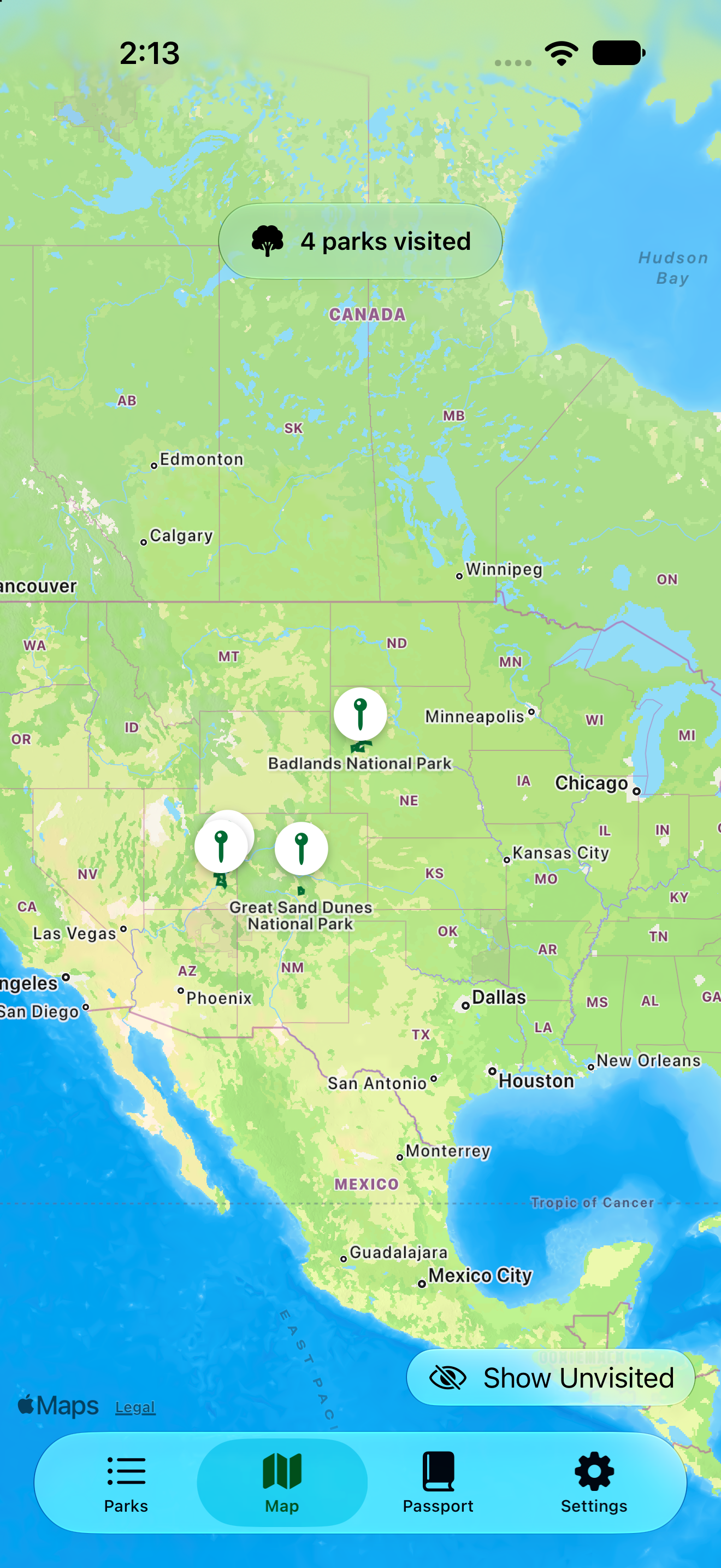 Map of North America showing visited national parks